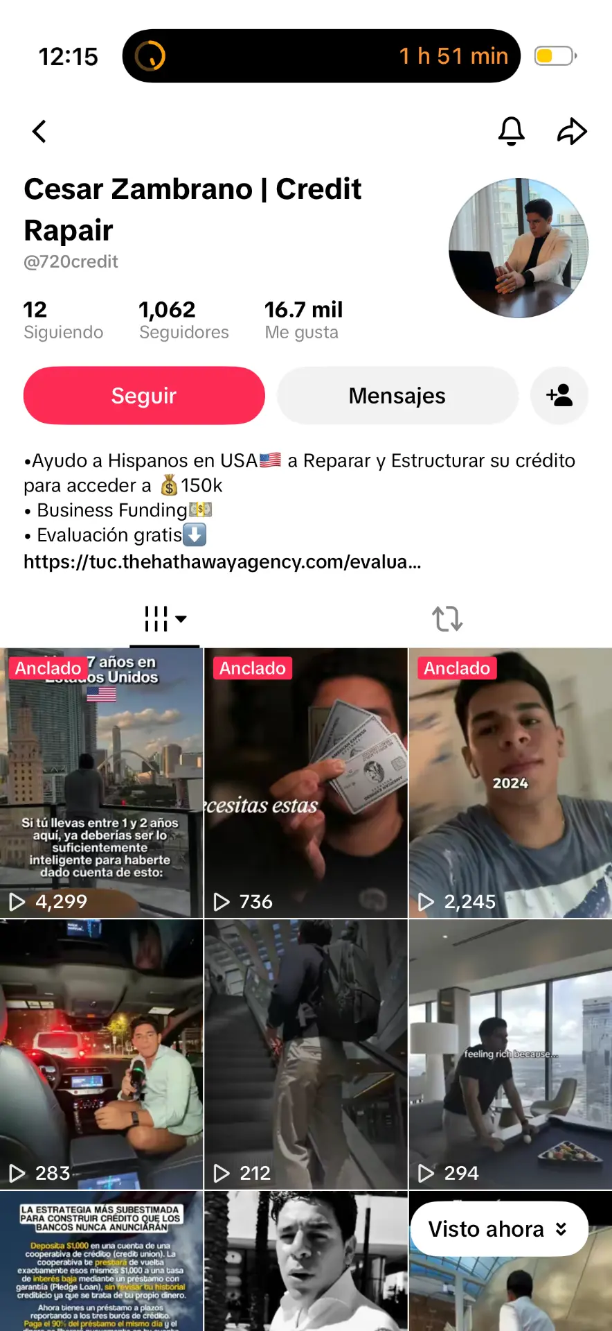 Perfil de TikTok @720credit de César Zambrano con 1,062 seguidores y 16.7 mil me gusta