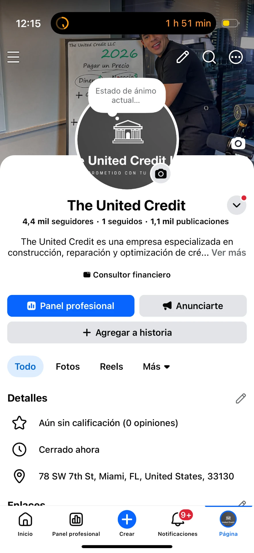 Página de Facebook The United Credit con 4.4 mil seguidores y 1.1 mil publicaciones