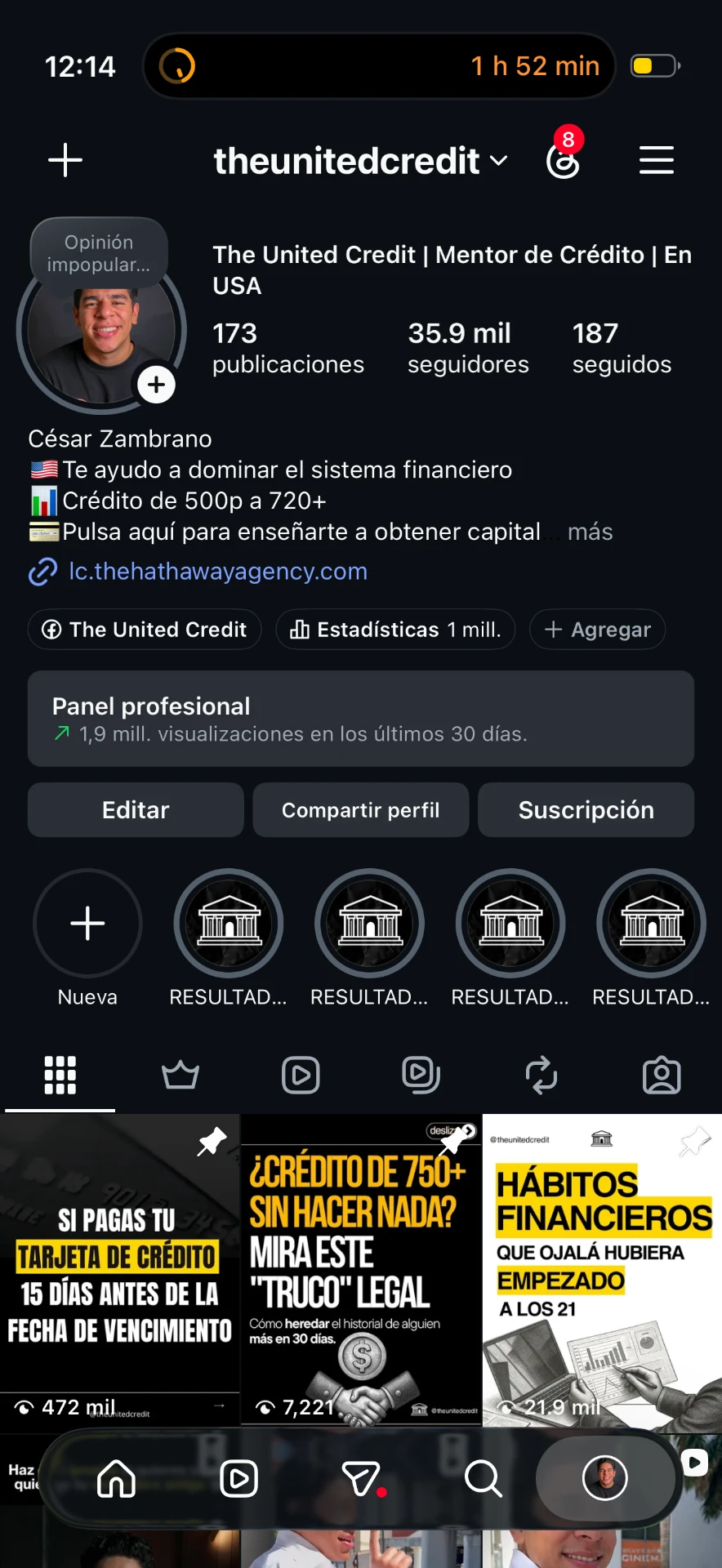 Perfil de Instagram @theunitedcredit con 35.9 mil seguidores y 1.9 millones de visualizaciones en 30 días