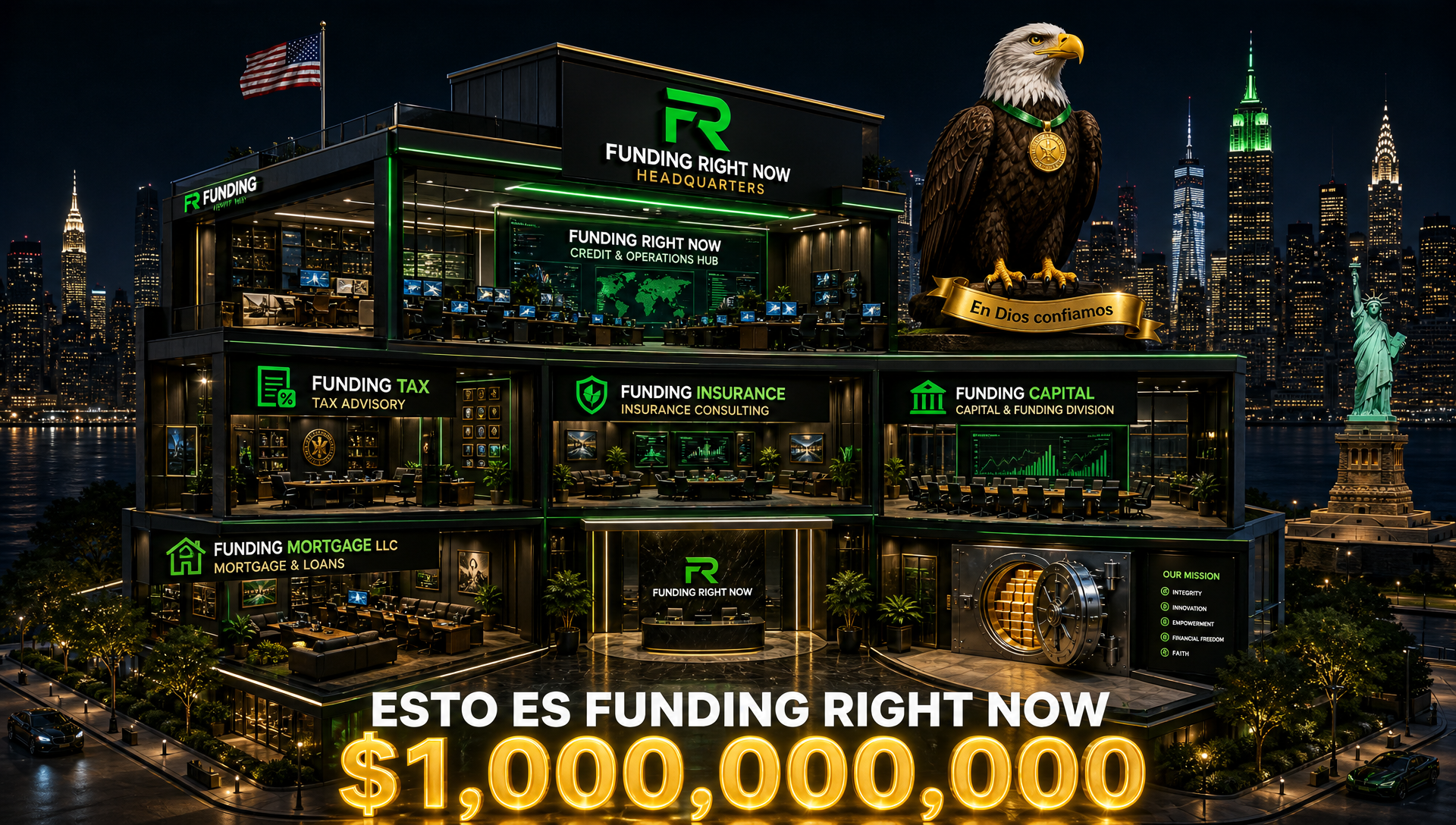 Sede 3D de Funding Right Now con los departamentos del ecosistema sobre el skyline de Nueva York